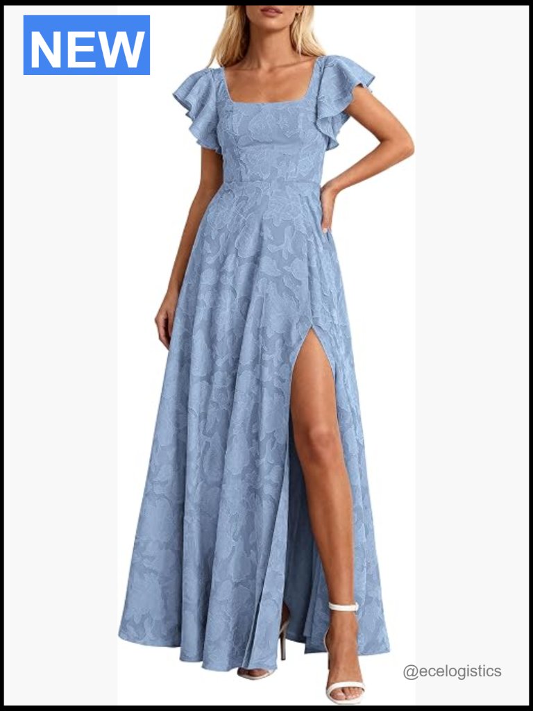 Elegant Maxi Dress With Pockets High Slit Ruffle Sleeve Smocked Back Bridesmaid